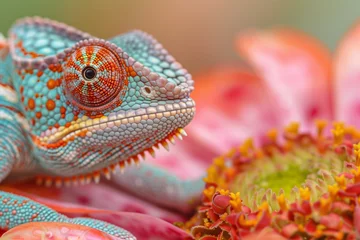 Wandcirkels tuinposter chamelon lizard sitting oncolorful  flower © anankkml