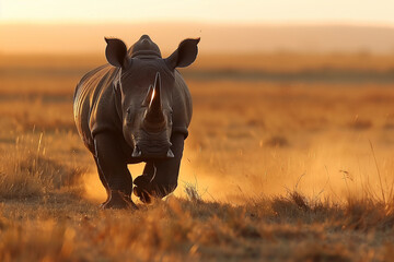 rhinoceros running across the savanna safari - 761091895