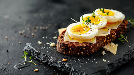 piece of rye bread with cheese and boiled eggs grill marks on its white on a sleek black stone