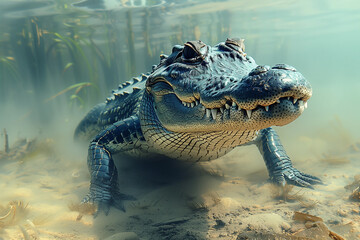 crocodile hiding under water,underwater shot