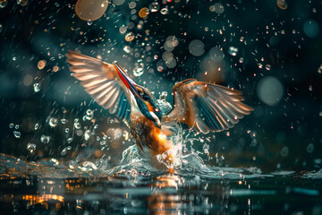 Kingfisher emerging from the water after driving to grab a fish - 761092075