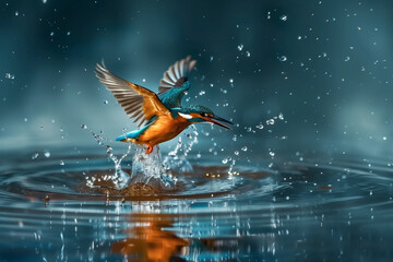 Kingfisher emerging from the water after driving to grab a fish - 761092079