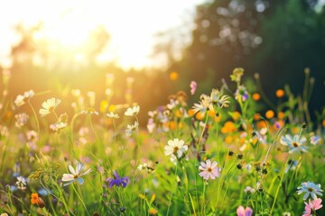 Wander through a sun-drenched field of wildflowers swaying in the breeze with a nature background, where the beauty of nature unfolds in a symphony of colors, Generative AI