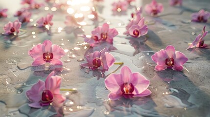Delicate pink orchids with sunlight dancing on water droplets, creating a serene and luminous...
