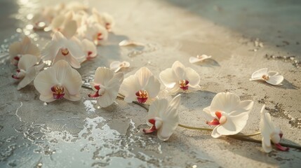Scattered orchid flowers on a reflective wet surface, capturing a moment of natural elegance and...
