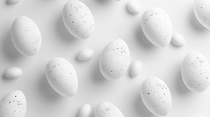 An array of white, speckled eggs seemingly float on a grey background, evoking a clean, minimalist aesthetic.