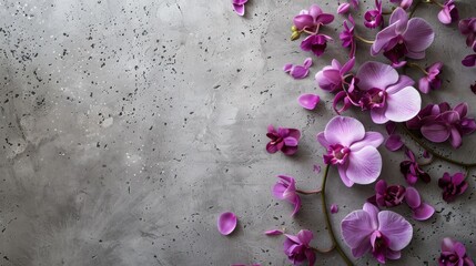 Vivid purple orchid flowers and petals scattered elegantly over a textured grey concrete background.