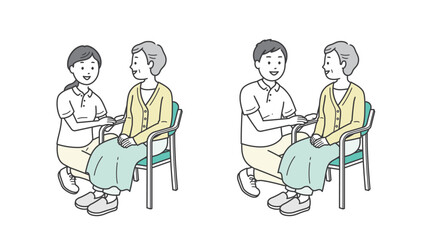 椅子に座る高齢女性と介助ををする介護士イラストセット

