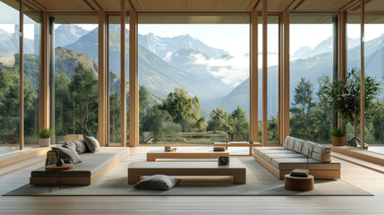 Tranquil living room with large windows with beautiful mountain views, furnished with sofas and natural wood accents