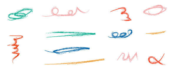 Hand drawn colored charcoal pencil stroke lines, grids and squiggles set. Color strokes, crayon curly scribbles. Grungy pen art brushes, textured doodle freehand chalk drawing line stripes. vector