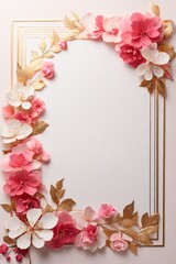Vintage frame with pink flowers on white background. Flat lay, top view, Space for text