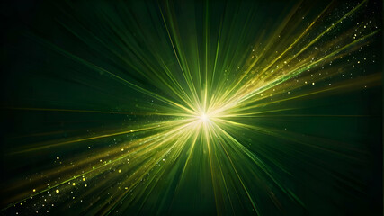 Fototapeta na wymiar Asymmetric green light burst, abstract beautiful rays of lights on dark green background with the color of green and yellow, golden green sparkling backdrop with copy space