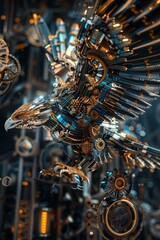 Mechanized Eagle in Flight, Illustration, Clockwork, Fantasy Image.  Generative AI.
