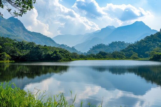 Unwind amidst the tranquil setting of a serene lake surrounded by majestic mountains with a nature background, reflecting the calmness of the natural world, Generative AI