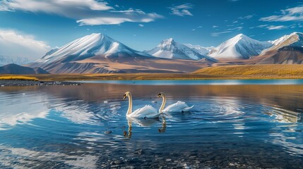 swans like to swim on the lake between the mountains