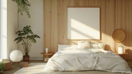 Frame mockup.wood and white. Modern bedroom interior design