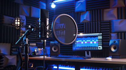 Fototapeta na wymiar a professional podcast recording setup in a modern studio featuring a high-quality microphone on a sleek stand