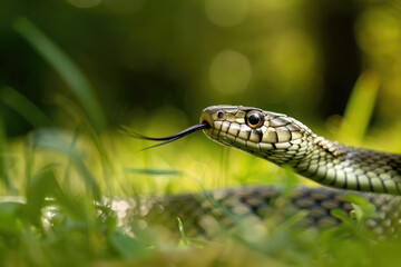 A portrait of a grass snake in a natural setting