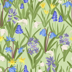 seamless pattern with spring flowers, vector drawing wild plants at green background, floral ornament, hand drawn botanical illustration