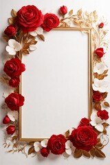 Frame with red and white roses on white background. Flat lay, top view