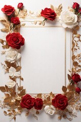 Frame with red and white roses on white background. Flat lay, top view