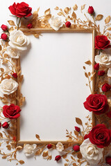 Frame with red and white roses on white background. Flat lay, top view