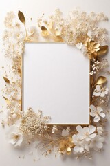 Wedding invitation card, Golden frame with white flowers on white background. Flat lay, top view.