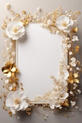 Wedding invitation card, Golden frame with white flowers on white background. Flat lay, top view.
