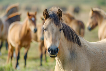 Obraz na płótnie Canvas A portrait of a short-legged Przewalski's horse in a natural setting