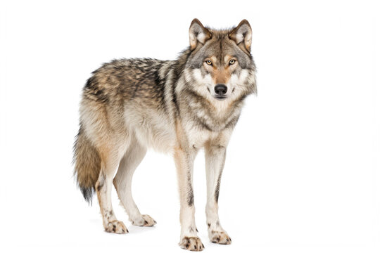 A portrait of a Tian Shan wolf in a studio setting, isolated on a white background