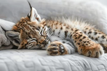 Fotobehang A lynx cub lies and sleeps on a bed or sofa at home. © MaskaRad