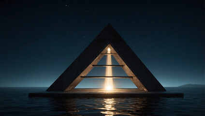 A glowing triangular structure sits on a body of water.