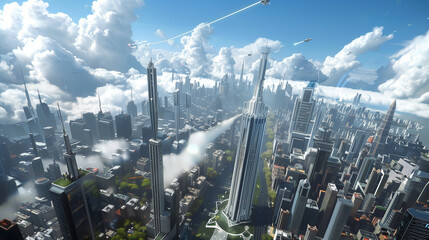 During a bright sunny day, a squadron of aircraft soars above a modern metropolis with towering skyscrapers, painting a futuristic scene in the sky. - obrazy, fototapety, plakaty