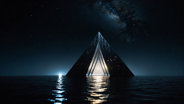 Fototapeta A dark triangular structure made of stone or metal sits on a body of water, with light coming from inside it.