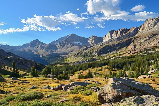 Explore the rugged beauty of a rocky mountain range with a nature background, where jagged peaks pierce the sky and alpine meadows stretch as far as the eye can see, Generative AI