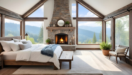 luxury rustic white comfortable bedroom with fireplace