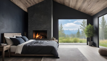 luxury rustic comfortable bedroom with fireplace