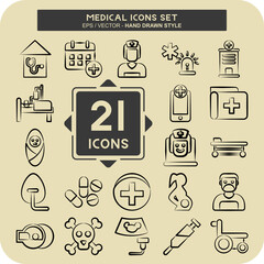 Icon Set Medical. related to Pharmacy symbol. hand drawn style. simple design editable. simple illustration