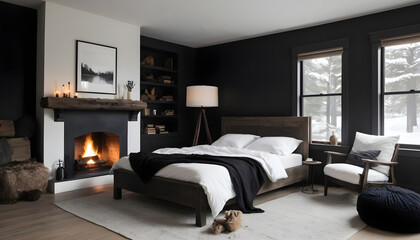 luxury comfortable bedroom with fireplace