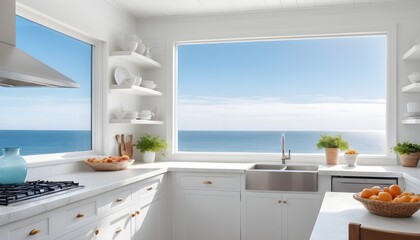 luxury modern white kitchen with ocean view