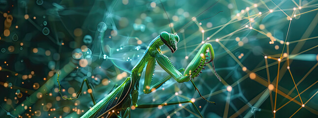 Matrix mantis emerging from a chart of interconnected nodes and lines - obrazy, fototapety, plakaty