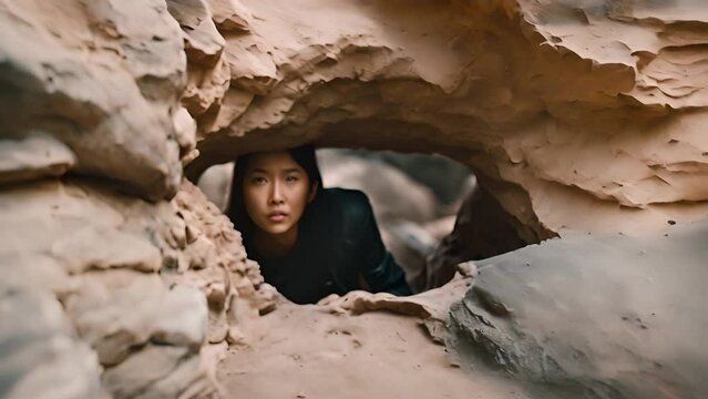 Woman Standing in Cave With Rocks Generative AI