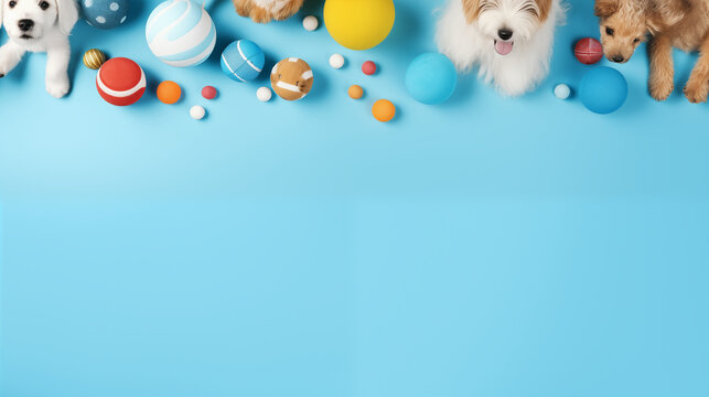 Frame of pet toy and training accessories on blue background, top view