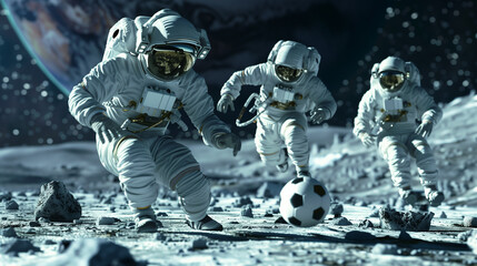 Astronaut is playing soccer on moon on space