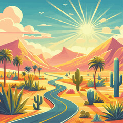 Summer landscape with road through desert landscape