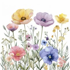 Fototapeta premium watercolor pink, yellow, purple, pale blue meadow botanical banner clipart isolated on white background