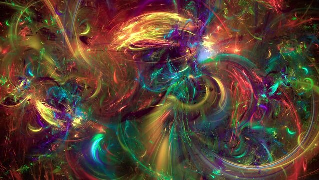Abstract chaotic light streaks fractal art loop background.