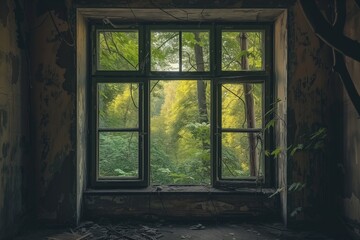 A large window in a ruined, peeling house