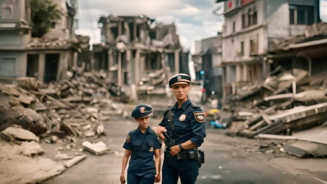 Two Police Officers Stands Before Destroyed Building Generative AI
