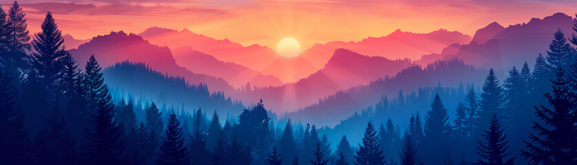 Sunrise Silhouettes Over a Misty Mountain Forest - obrazy, fototapety, plakaty